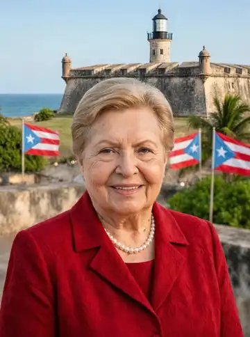 Our mother, born in 1937, smiling in front of a historic Puerto Rican coastal fort and Puerto Rican flags